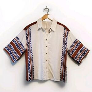 Anthropologie Cream Button-Down Shirt with Blue and Brown Geometric Stripes